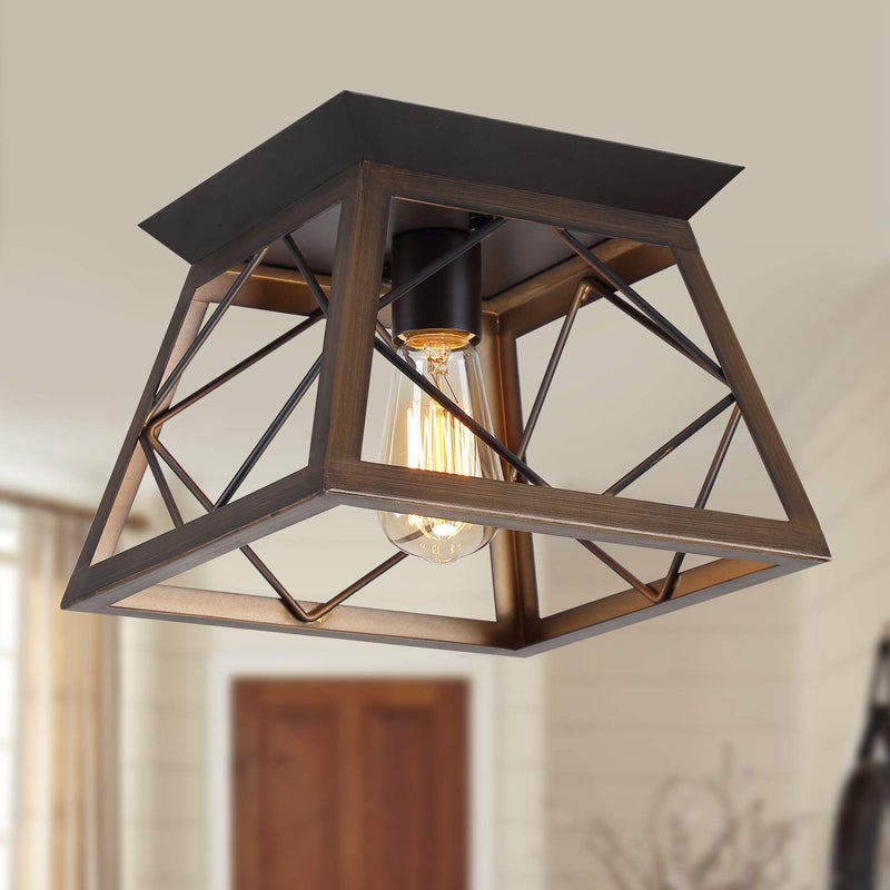QS Q&S Flush Mount Ceiling Light Fixture,Farmhouse Vintage Lights,Industrial Metal Lamp for Hallway, Entryway, Bathroom ORB+Brush Brown,1 Light E26 - Image 1